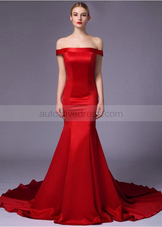 Off Shoulder Red Satin Simple Evening Dress